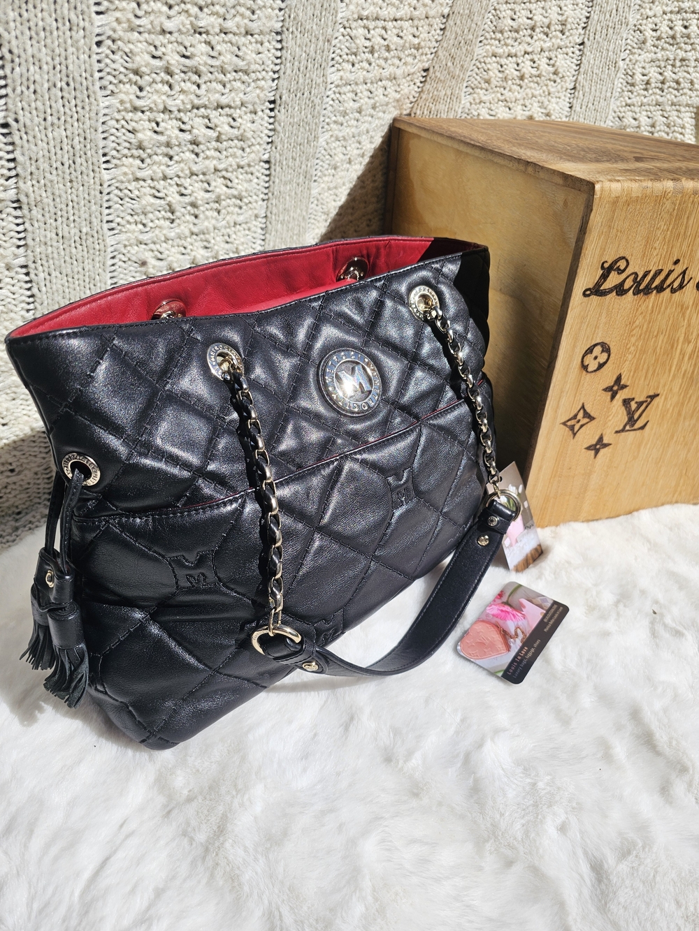 Quilted Black Tote Bag with Red Interior and Chain-Strap Details